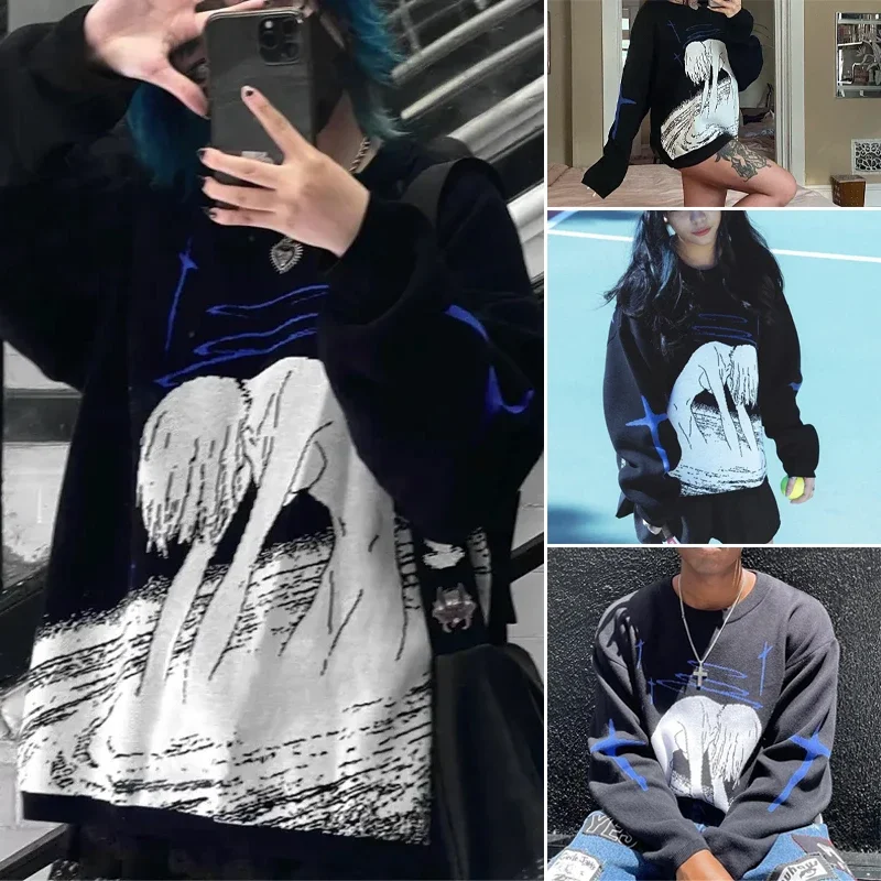 Evangelion Ayanami Rei Anime Sweaters Women Y2k Knitwear Retro Harajuku Loose Knitted Jumpers Gothic Oversized Fashion Autumn