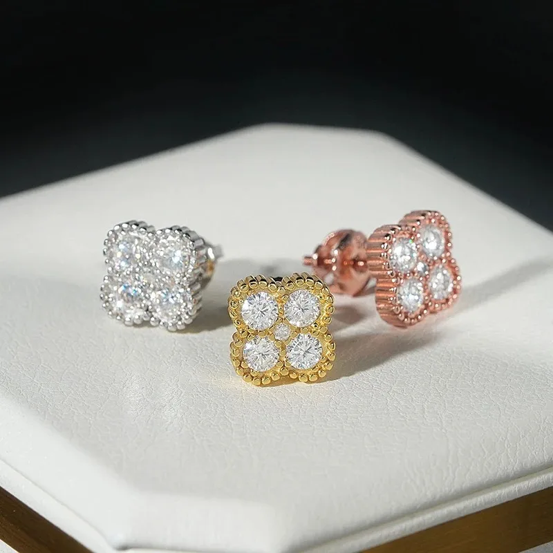 

Серьги-гвоздики из стерлингового серебра VVS1 D цвета с муассанитом, четырехлистный гвинт с цветком клевера, серьги-гвоздики высокого качества, ювелирные изделия в подарок