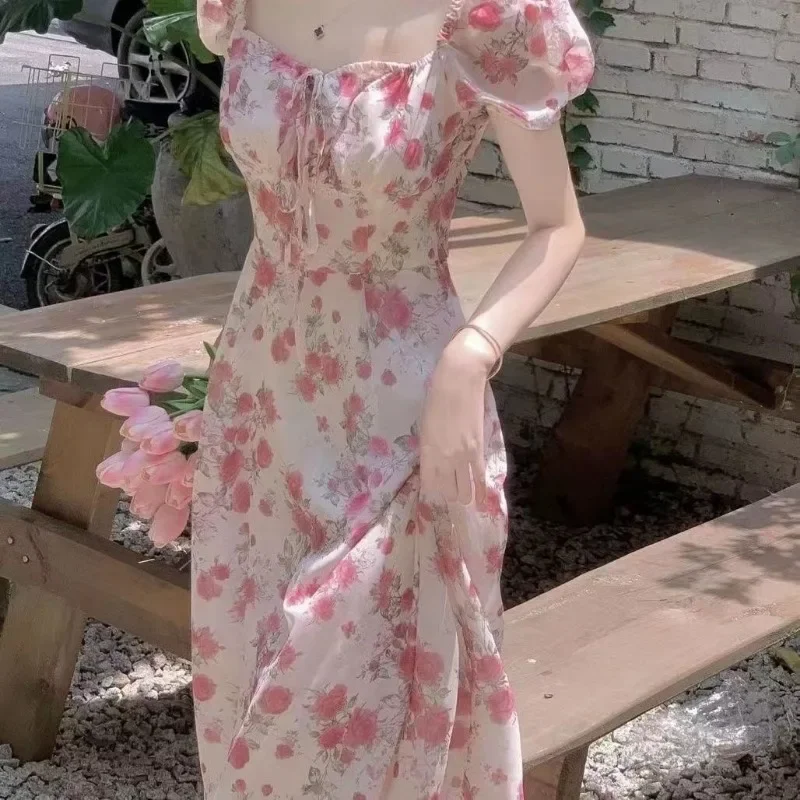 Women Summer Fashion Floral Print Square Collar Lace-up Elegant Party Dresses Sweet Chic Short Sleeve Slim Fairy Midi Dress Robe