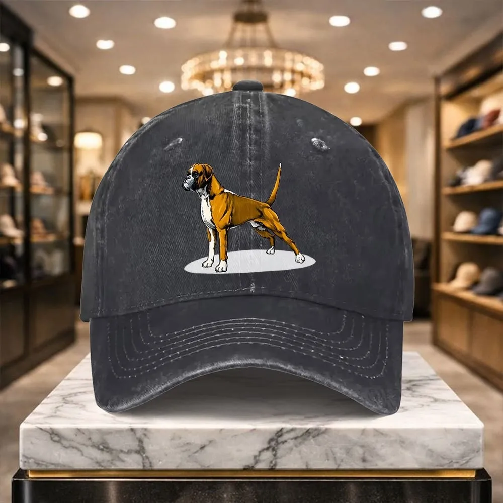 Boxer Dog Print Washed Cotton Baseball Cap Adjustable Fit for Outdoor Casual Wear