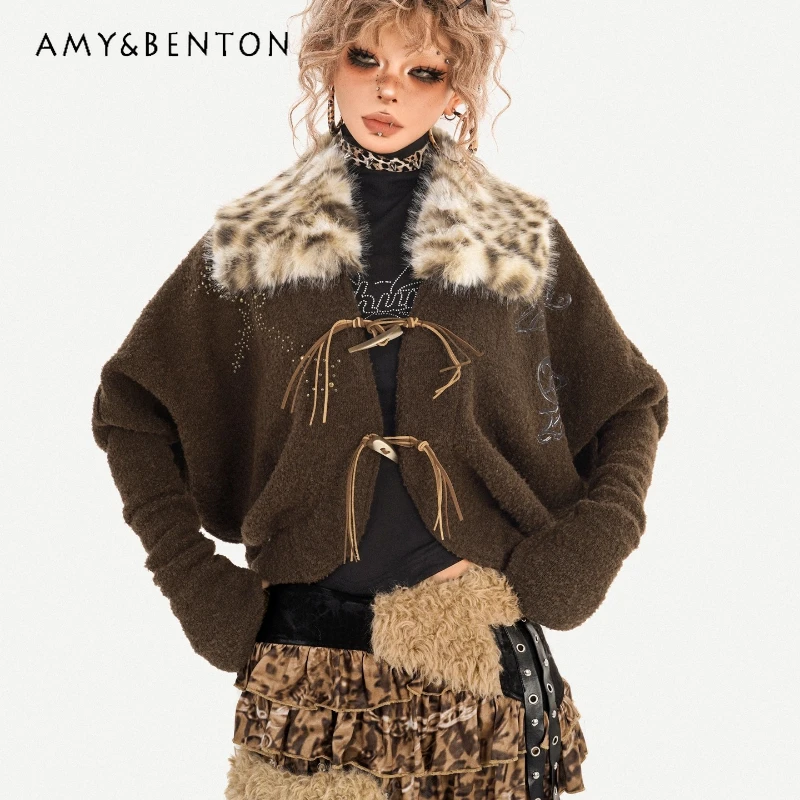 

American Retro Splicing Fur Collar Short Women's Jacket 2025 Autumn Winter New Loose Tassel Sweet Cool Versatile Jackets Ladies