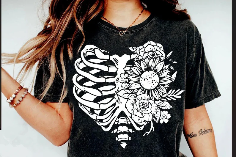 

Floral rib Skeleton valentine's day 100%Cotton Tshirt Short Sleeve Top Tees Tshirt Streetwear Harajuku kawaii goth Drop shipping