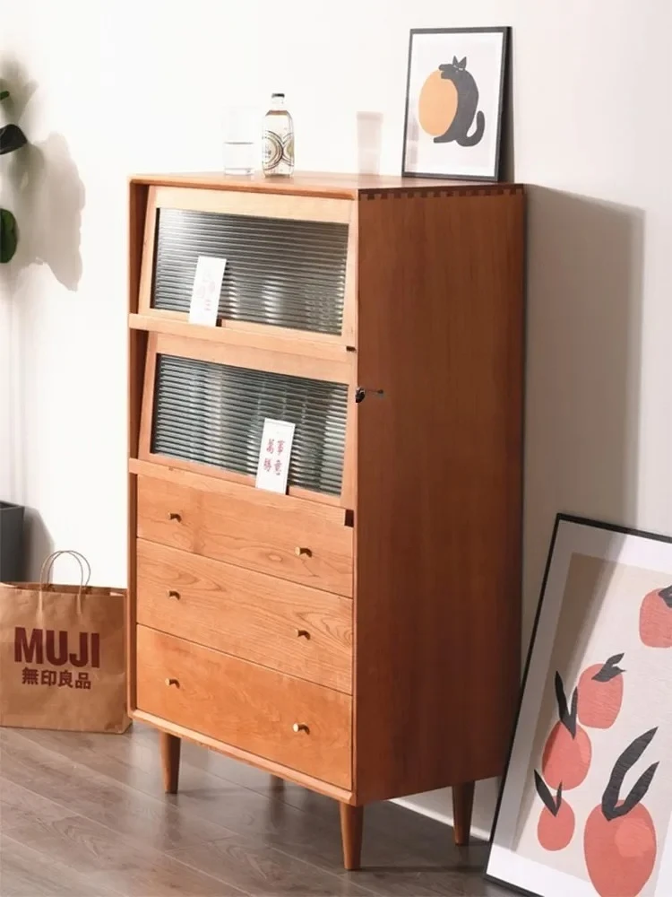 

CXH White Oak Cherrywood Solid Wood Sideboard Living Room Locker Storage Cabinet Glass Cupboard