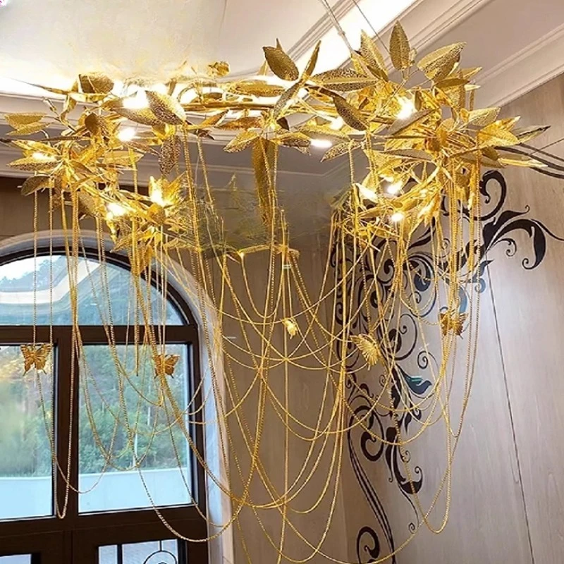 

Light luxury modern villa living room duplex floor stairwell light dining room decoration golden leaf light