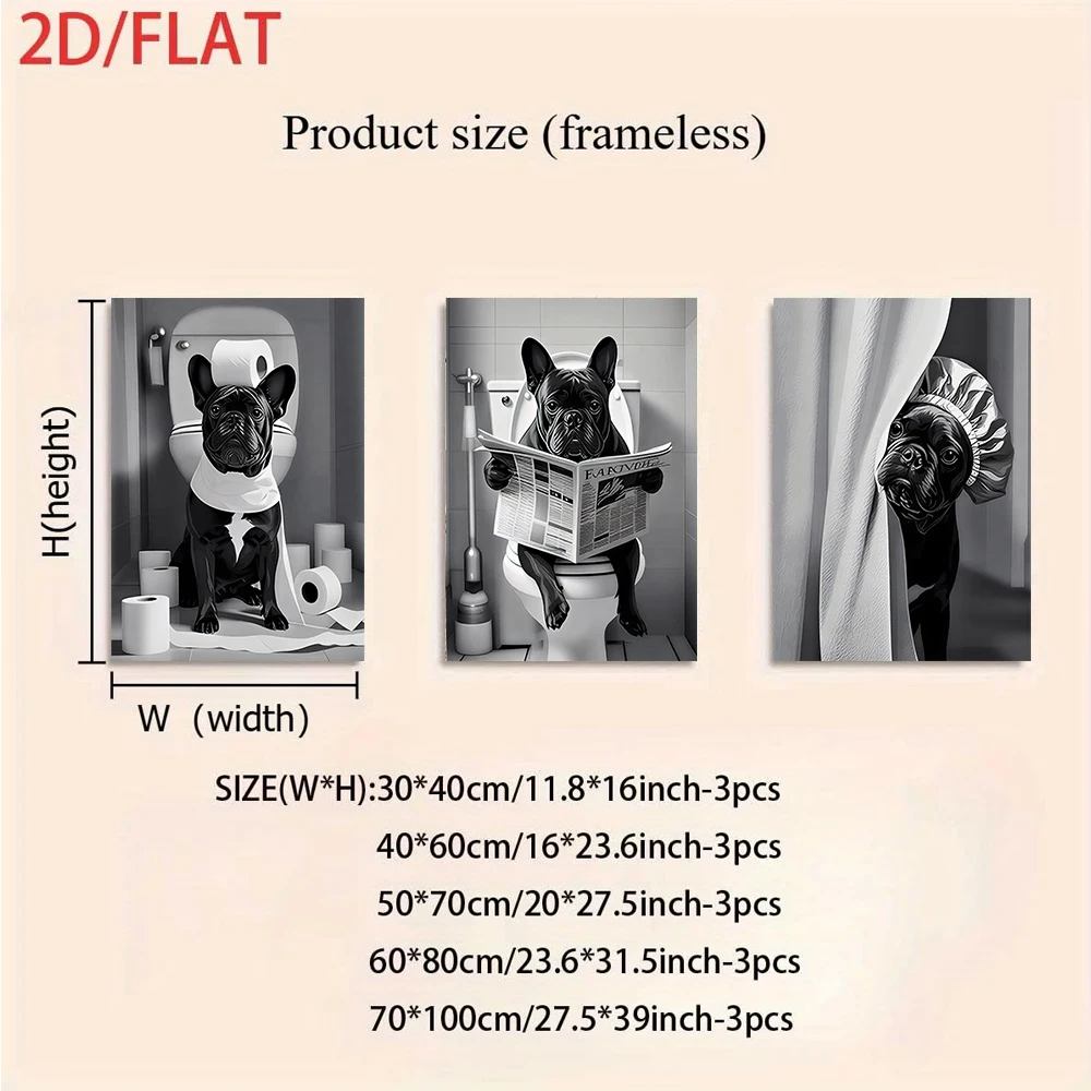 3PCS Frameless,1 set of black and white minimalist three-panel frameless paintings, cute French Bulldog dog bathroom wall art, 2