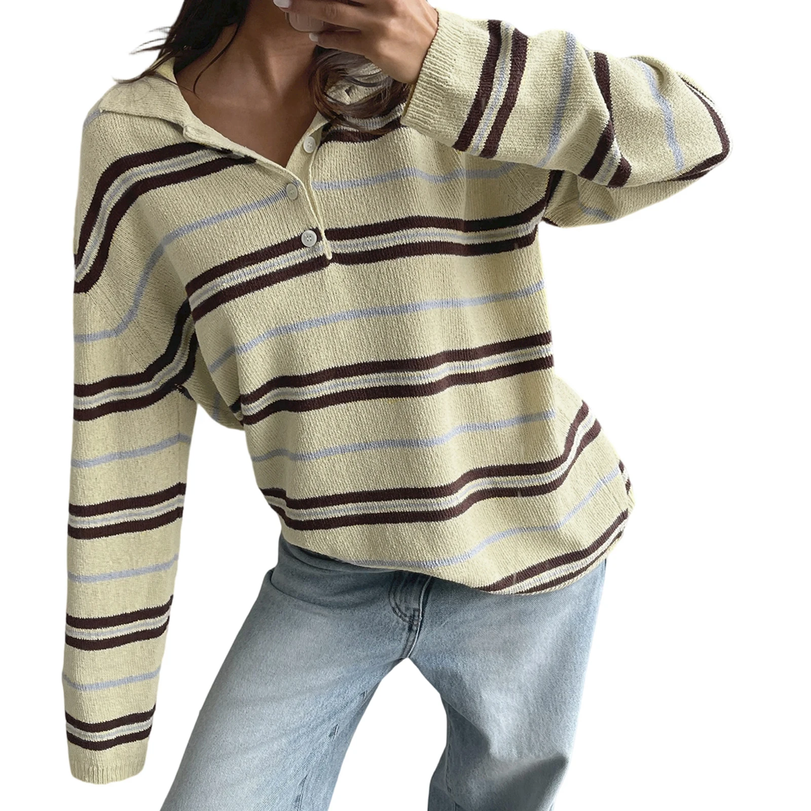

Женский осенне-зимний вязаный свитер свободного кроя, повседневный, стильный, в полоску, с ребристой отделкой, с длинным рукавом и воротником