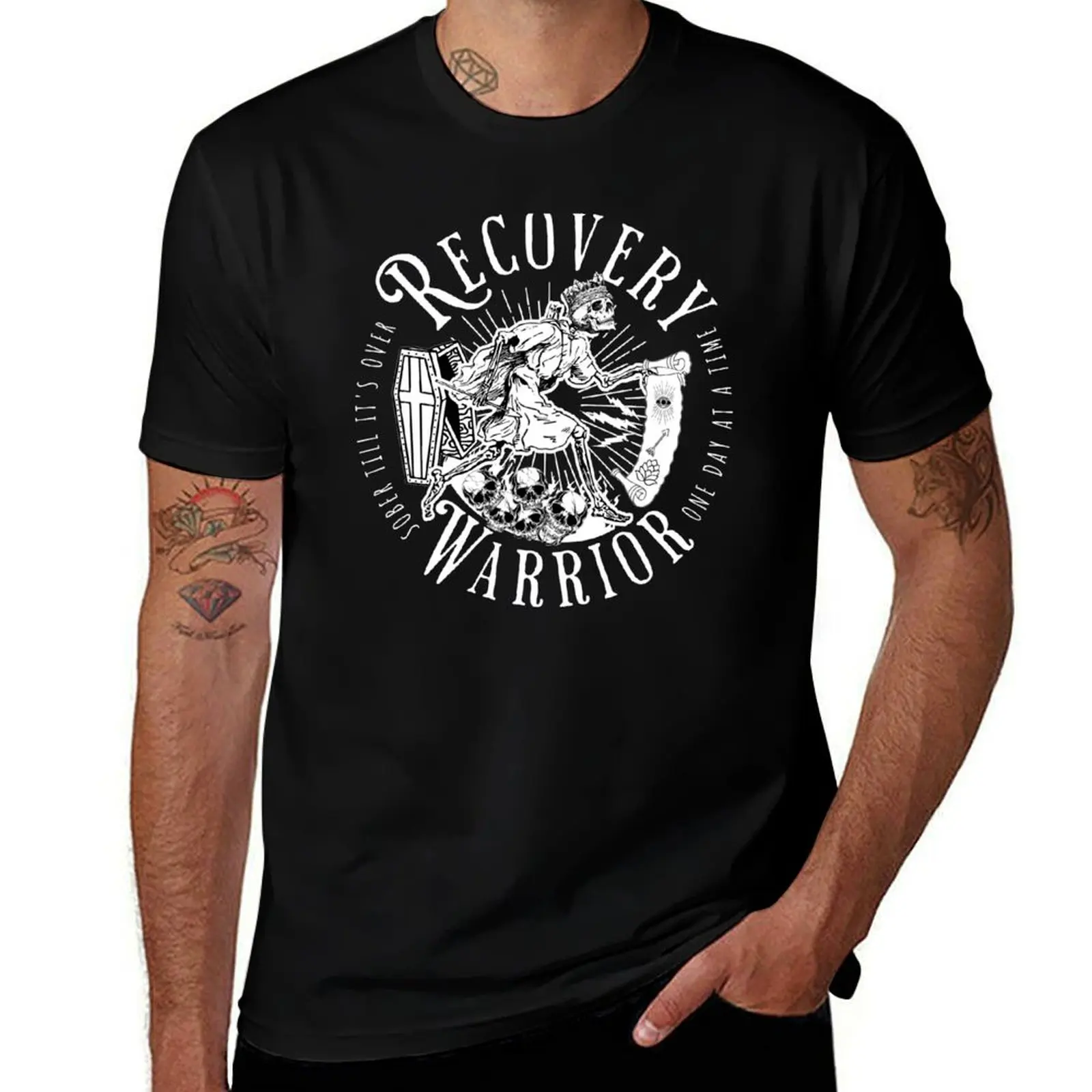 

Recovery Warrior. One Day At A Time. Sober Till It's Over Skeleton Design T-Shirt