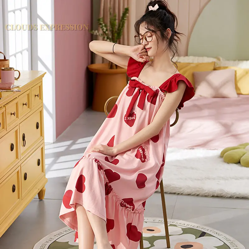 Summer M-3XL Knitted Cotton Night Dress Cartoon Print Womens Nightgowns Sleepshirts Girls Nightgowns Kawaii Homewear Nightdress