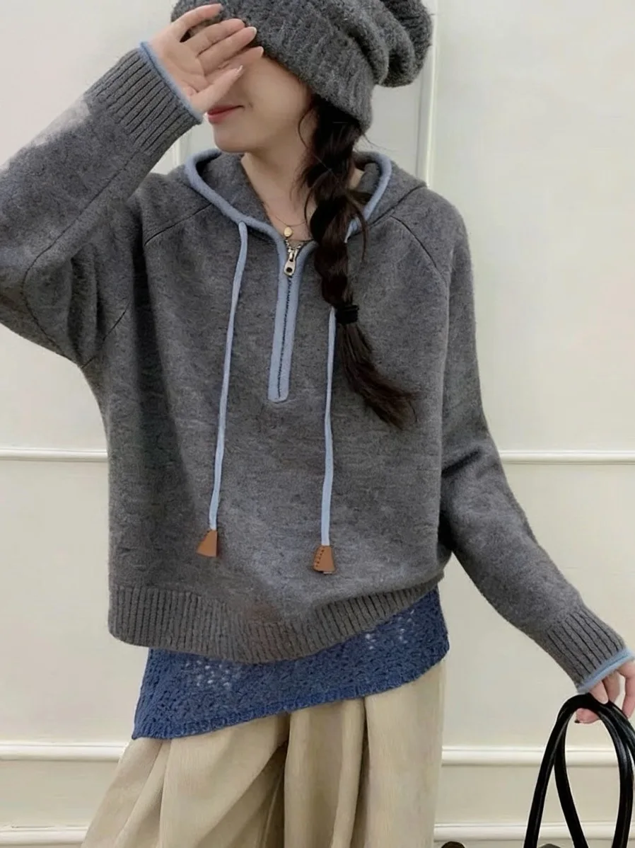 High Quality Hooded Knitted Sweater Half Zip Drawstring Soft Blue Grey Gentle Style Loose Fit Women's Casual Long Sleeve Top