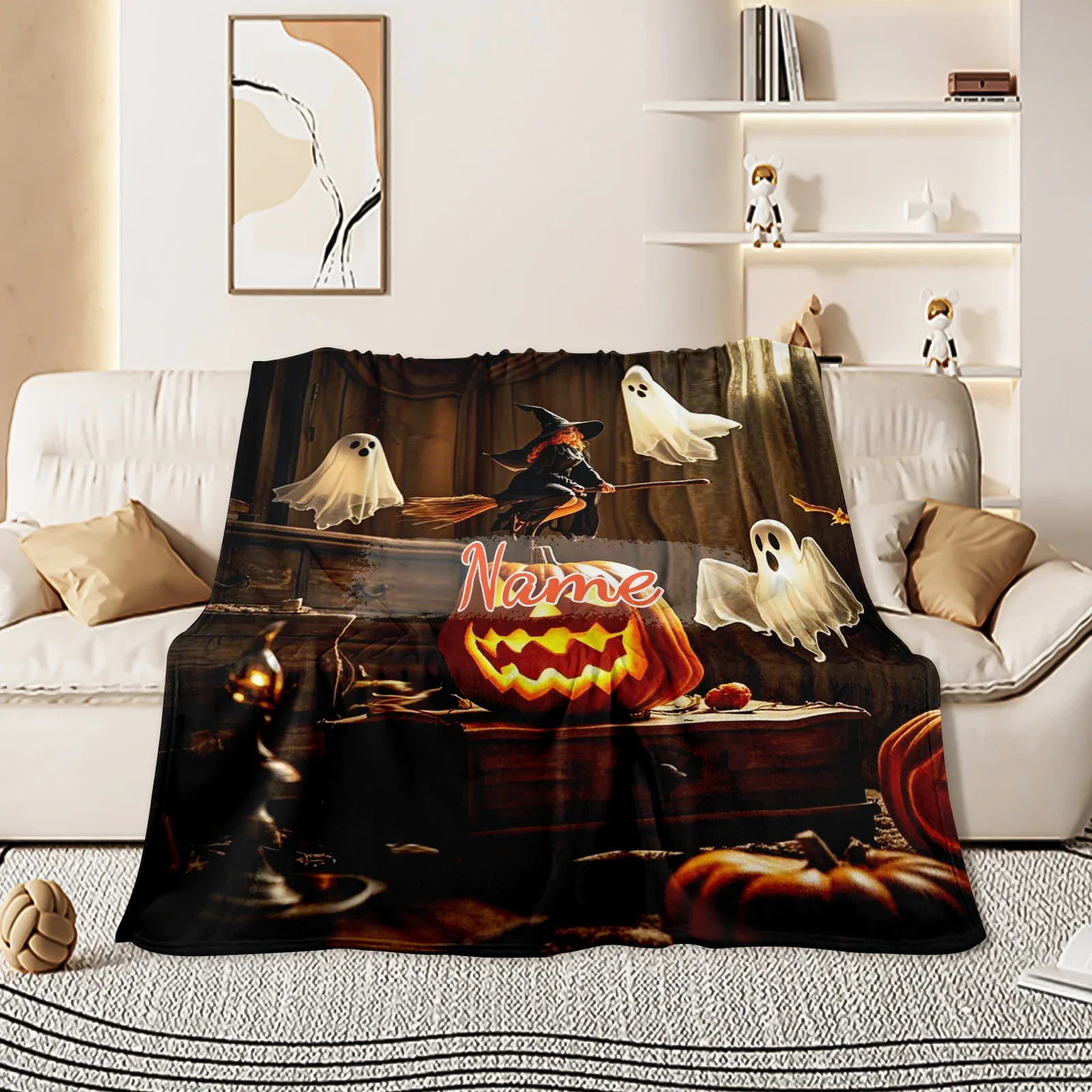 Cozy Flannel Blanket With Witch And Pumpkin Lantern Illustrations Plus A Space For Your Special Message