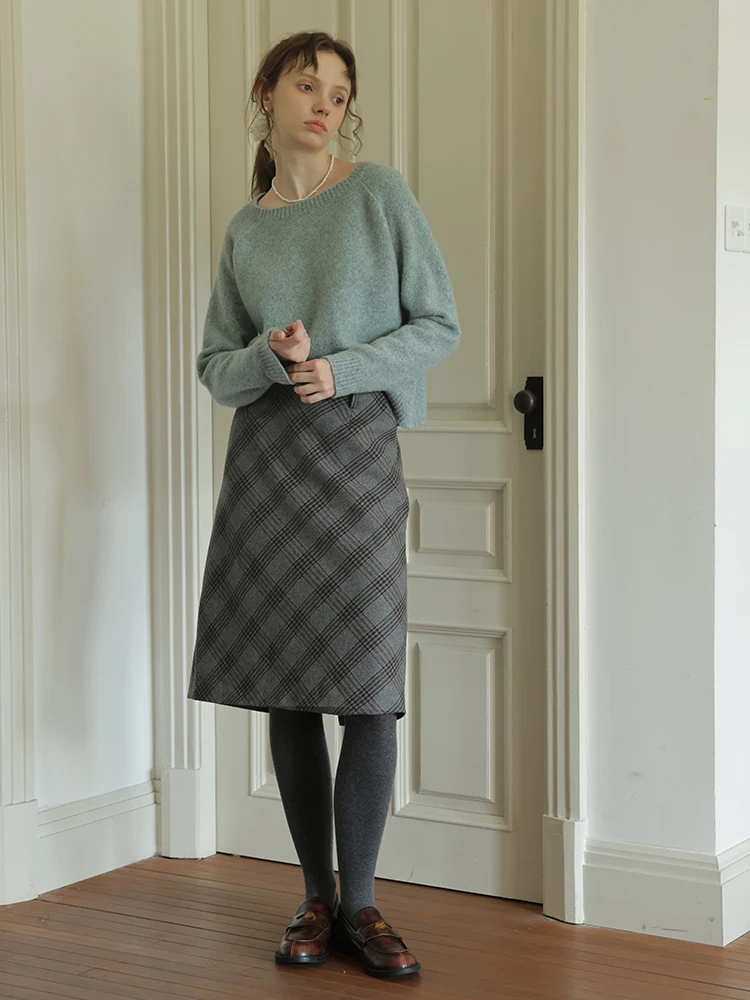 Casual High Waist Straight Woolen Plaid  Skirt for Women Autumn Winter New Style Versatile Comfortable Breathable Skirt