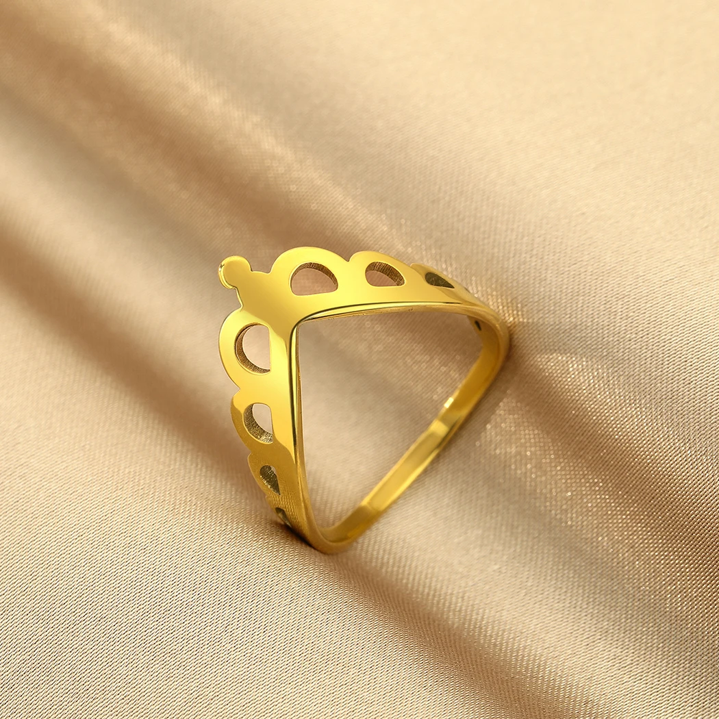 CHENGXUN Chevron Crown Ring Best Ring for Stacking Retro  Simple Curved V Shaped Wedding Ring Real Gold Plated Jewellery