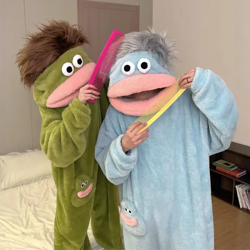 Cartoon Pajamas Funny with Long Hair Thick Plush Ugly Cute Cosplay Winter Loungewear Home Pajamas Couples Funny Sleepwear Gift