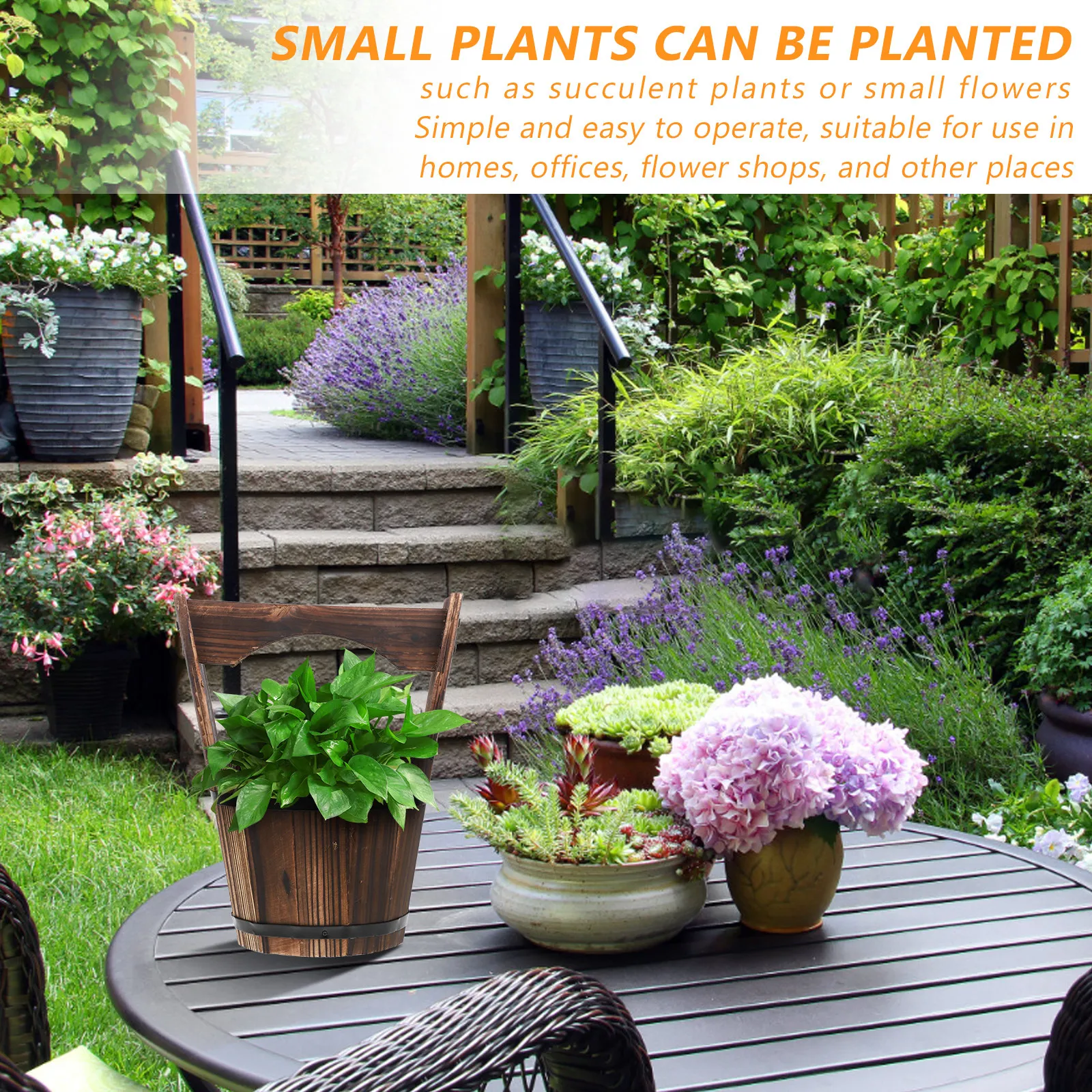1Set Vintage Wooden Garden Barrel Planter Pot Flat Mouth Succulent Flowerpot Portable Handheld Vegetable Plant Container