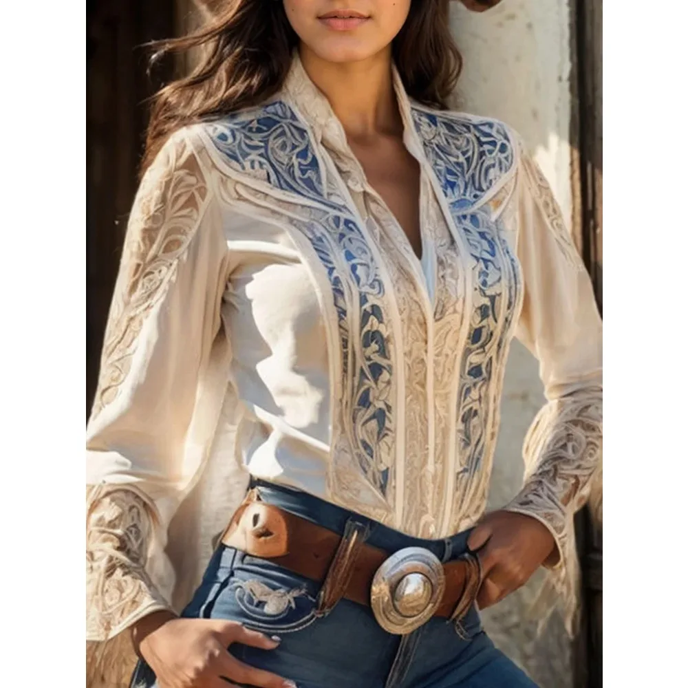 

Shenzhu Women 2025 Spring New Fashion Silky Textured Print Top Vintage Long-Sleeve Women's Blouse Blush Chic Top