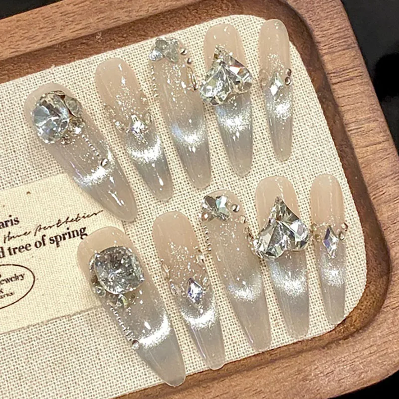 

Foggy Island | French 4.0cm Long Stiletto Press On Nails Cat Eyes Fake Nails 10pcs Handmade Rhinestone Wearable Nail Art Tips