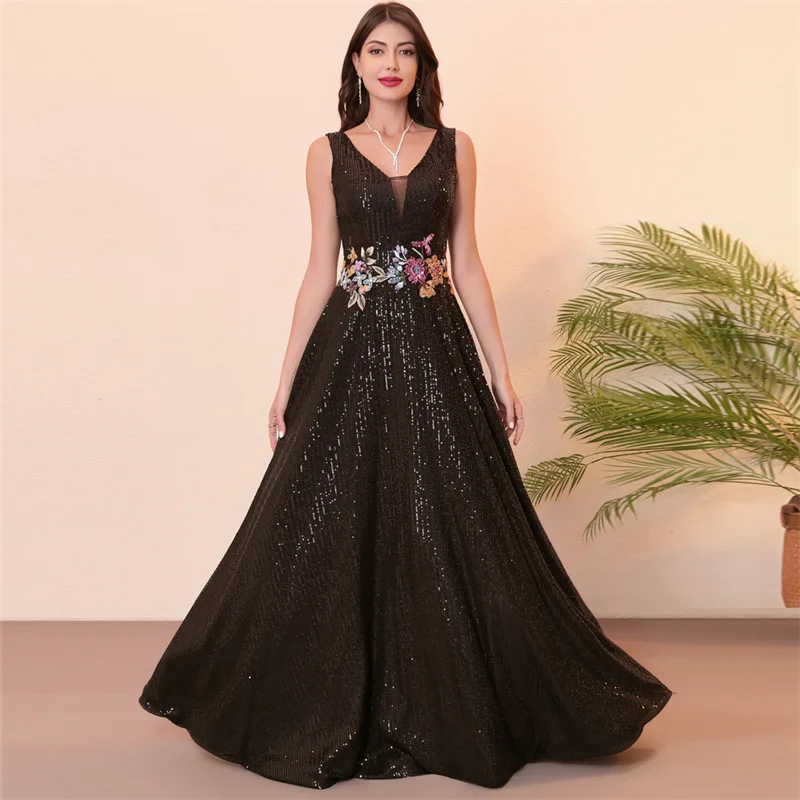 A Line Sequined Lace Flowers V Neck Evening Bridesmaid Dresses Wedding Party Formal Prom Birthday Floor Length Zipper