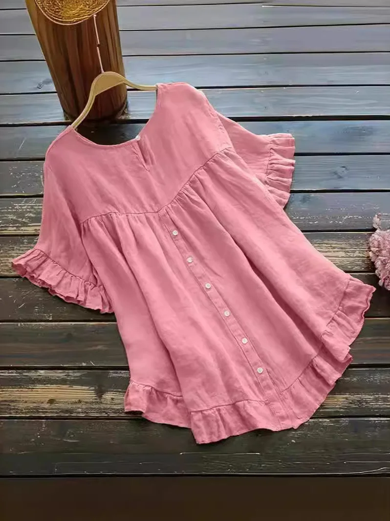 

Loose Ruffled Svel Top Pure Color Button Detail French Sle Polyester Fabric Thin Summer irt for Girls Moisture ng