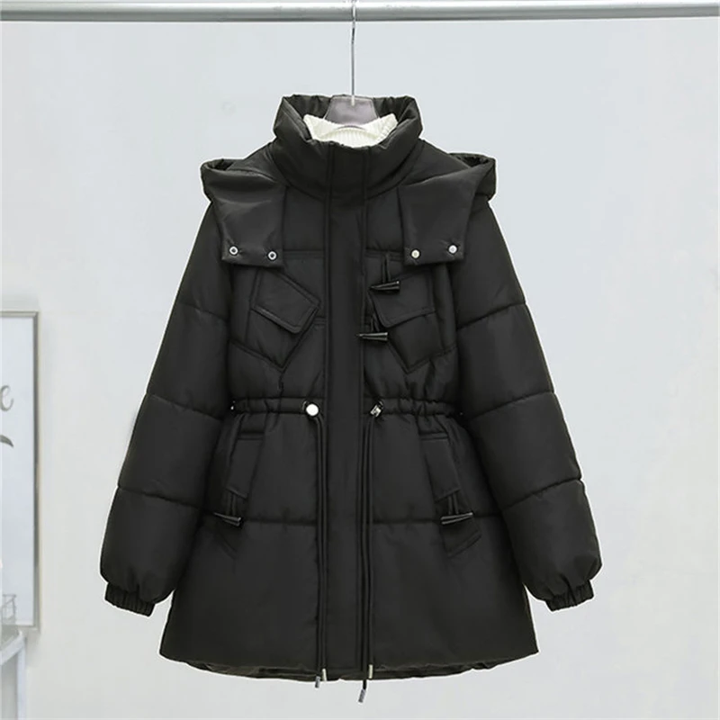 Winter mittellange Baumwoll jacke Frauen neue Stehkragen Kapuzen mantel lose Mode Oberbekleidung verdicken Parka Mantel weiblich