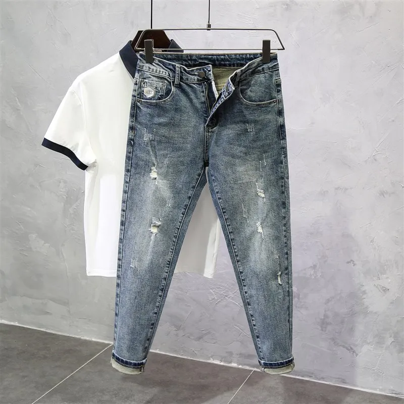 Retro Blue Men's Jeans Spring Autumn New Korean Version Fashionable Patchwork Embroidery Slim Fit Nine Points Pants