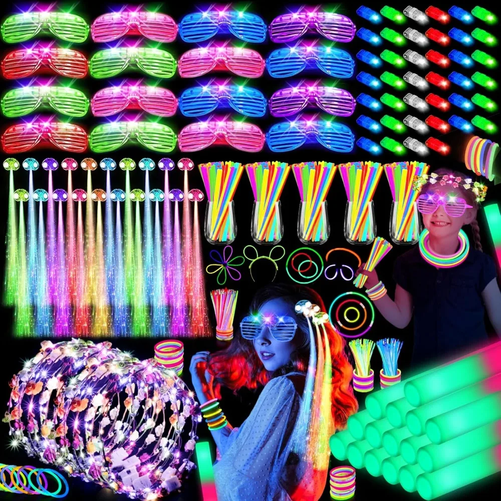 HONLYNE302 PCS Glow in the Dark Party Supplies, 20 LED Hair Clips Fiber Optic, 16 LED Glasses,