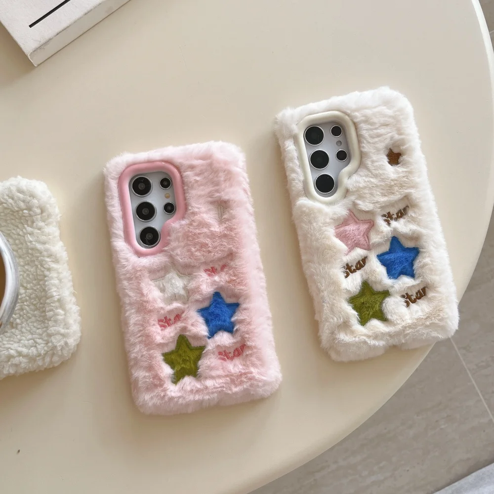حافظة هاتف محمول لهاتف سامسونج جالاكسي S24 الترا حافظة 5G S23 S25 Plus قطيفة لطيفة قطيفة ملونة نجوم بنات هدية غطاء من الفرو المنفوش