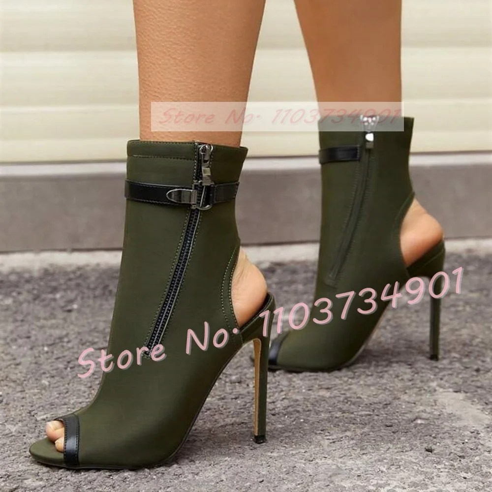 Denim Leather Bare Heel Peep Toe Boots Women Fashion Zipper Decor Mid Calf High Heels Shoes Female Lady Solid Stiletto Boots