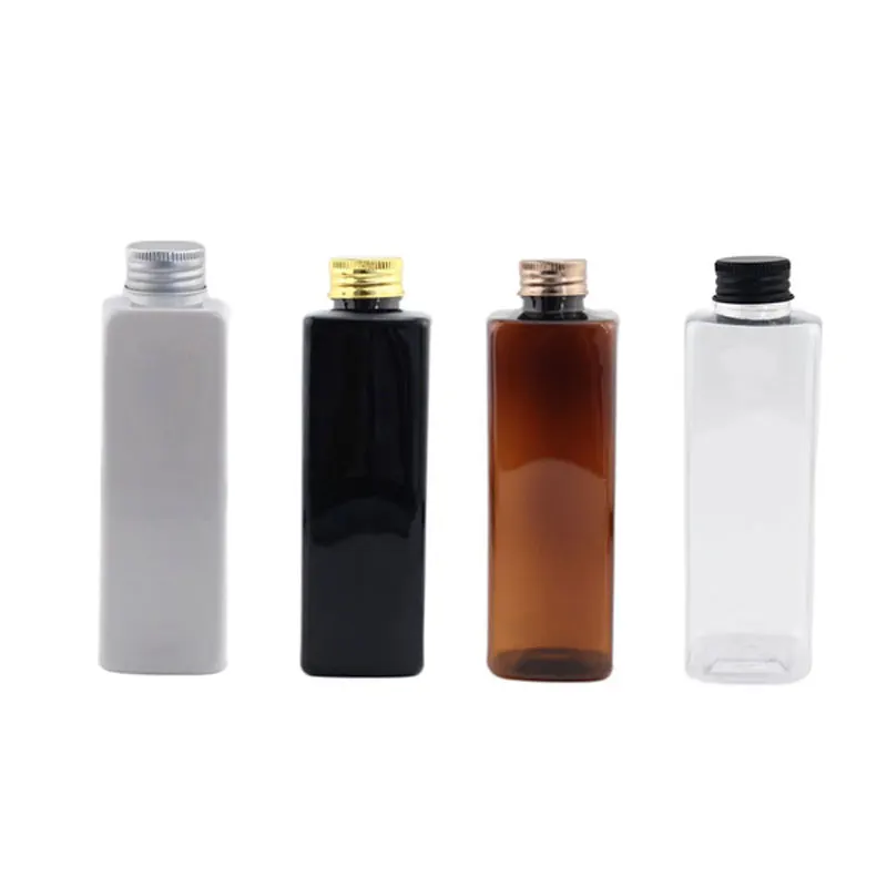 

25pcs 250ml Transparent Square Empty Plastic Cosmetic Bottles Containers With Aluminium Caps Massage Oil Packaging PET Bottles