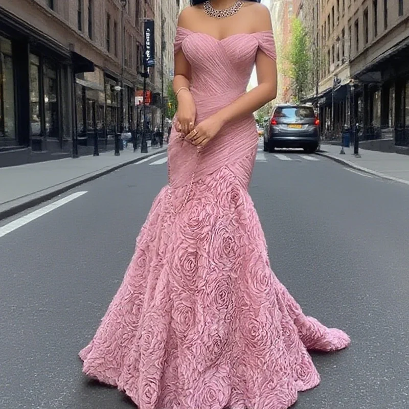 

Customized Sweetheart Off Shoulder Pleat Lace Sweep Train Corset Prom Gown Woman Party Dresses Sexy Mermaid Evening Dress
