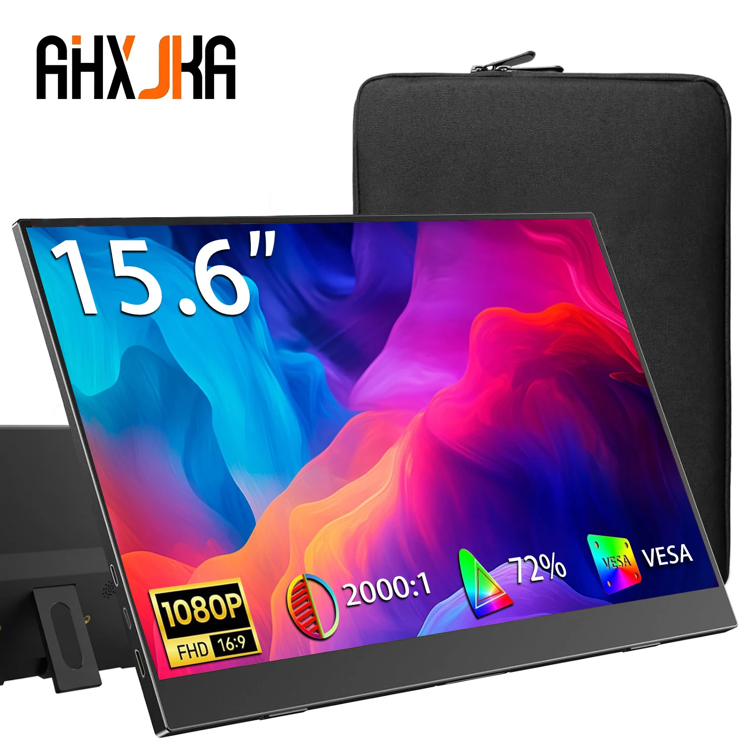 AHXJKA 15.6 Inch Portable Monitor 1920x1080P Extend Display IPS Panel Penhole Stand VESA USBC Mini HDMI Mobile Display Travel
