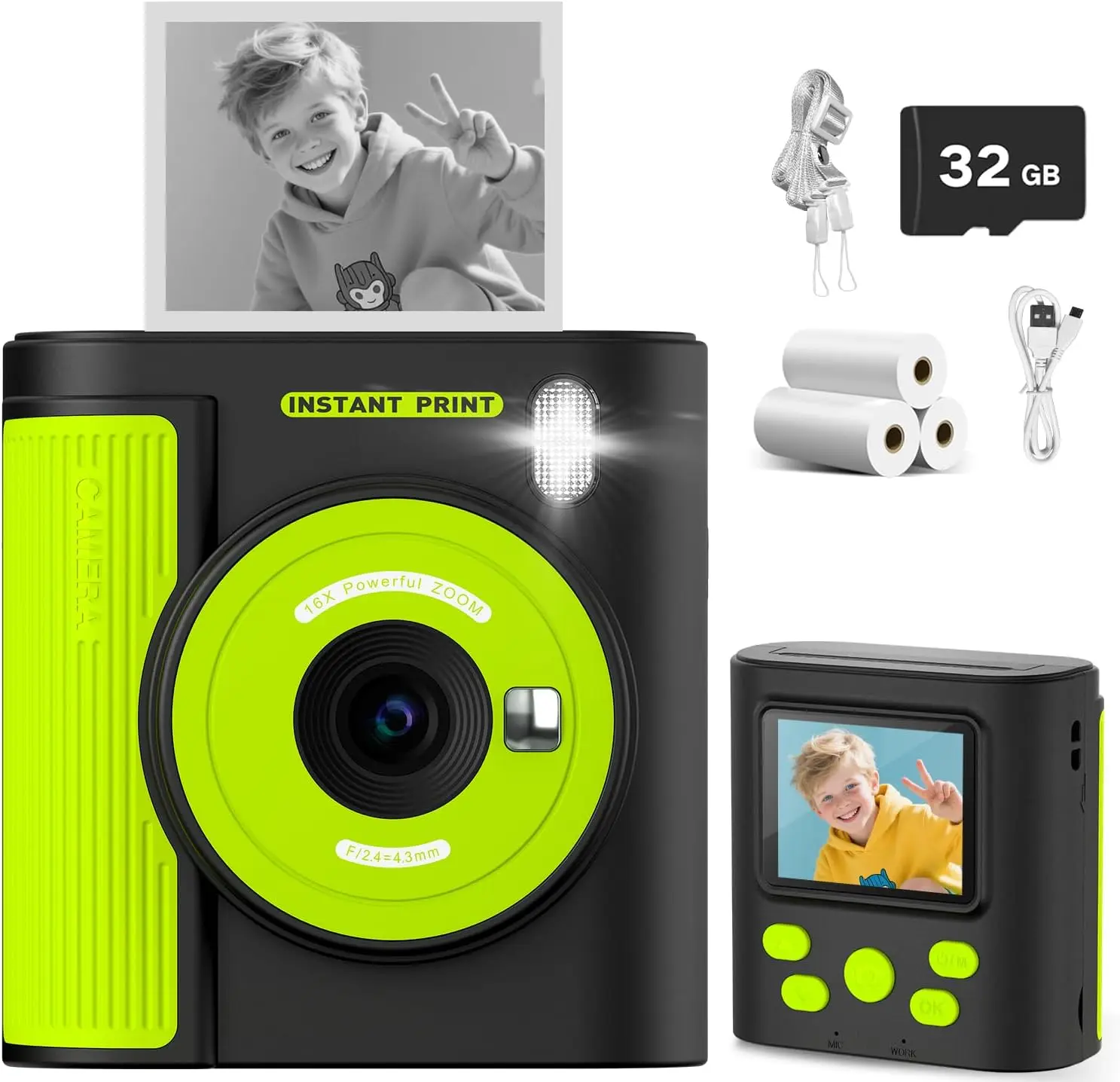 

Kids Camera Instant Print, HD Digital Video & Instant Print Camera for Kids Christmas Birthday Gifts Comes with 32GB SD Card