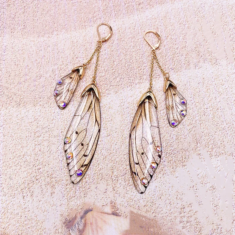 Handmade Fairy Simulation Double Wing Earrings Insect Butterfly Wing Drop Earrings Foil Crystal Earrings Sweet Wedding Jewelry