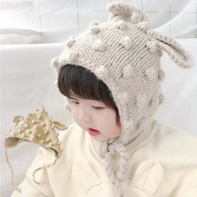 Winter Baby Gestrickte Schnürung Kappe Niedlichen Cartoon Warme Ohrenschützer Mützen Kinder Einfarbig Schnürung Ohr Schutz Hüte