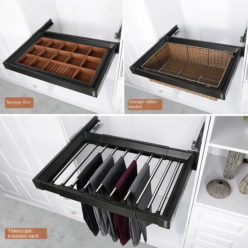 Telescopic and Multifunctional Household Wardrobe Pants Rack Push Pull and Hang Pants Rack Inside The Cabinet Pull Basket