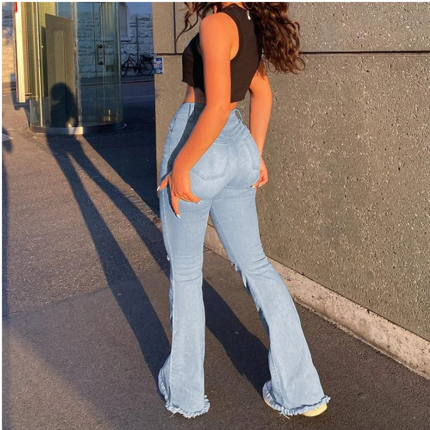 High-waisted retro street style women's sweet and fresh elastic slim-fit knee-hole flared pants