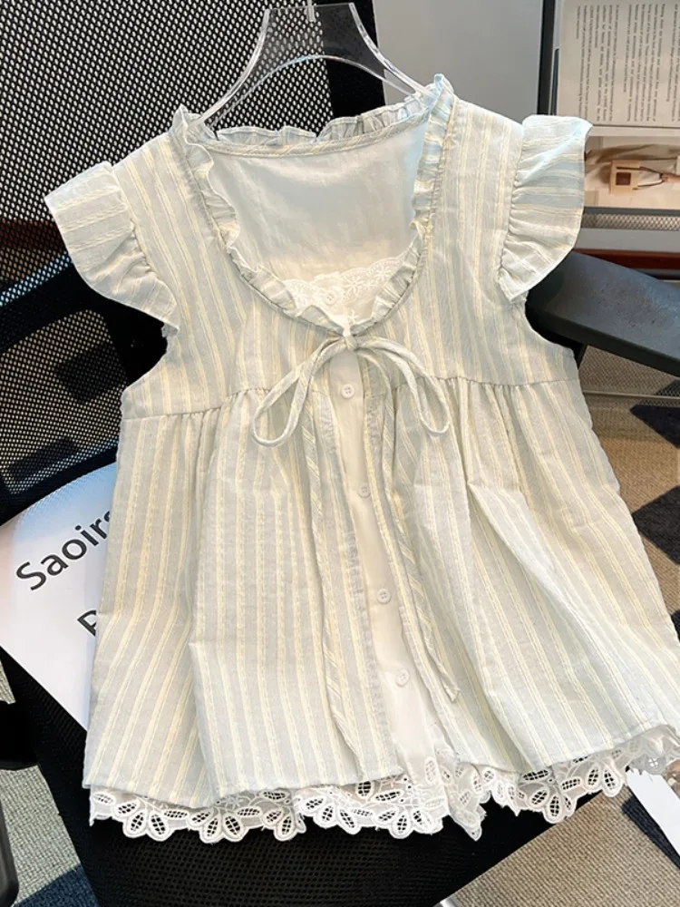 

Loose Striped irt Women Summer Bow Tie Flng Sve Blouse Korean Sle Commute Faion Polyester Fiber Doll Top