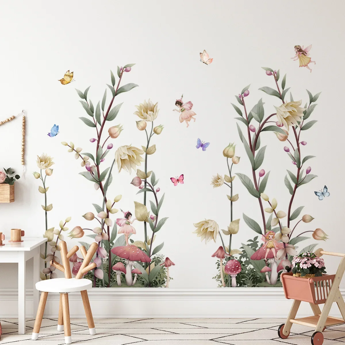 Flowers Wall Decals Butterflys Botanical Wall Stickers Fairy Decals PVC Removable Wall Art Decals for Girls Bedroom