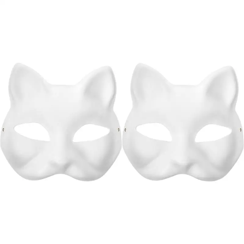 White Paper Half Mask para DIY, máscara pintada à mão em branco, máscara animal, sem pintura, gato, 2pcs