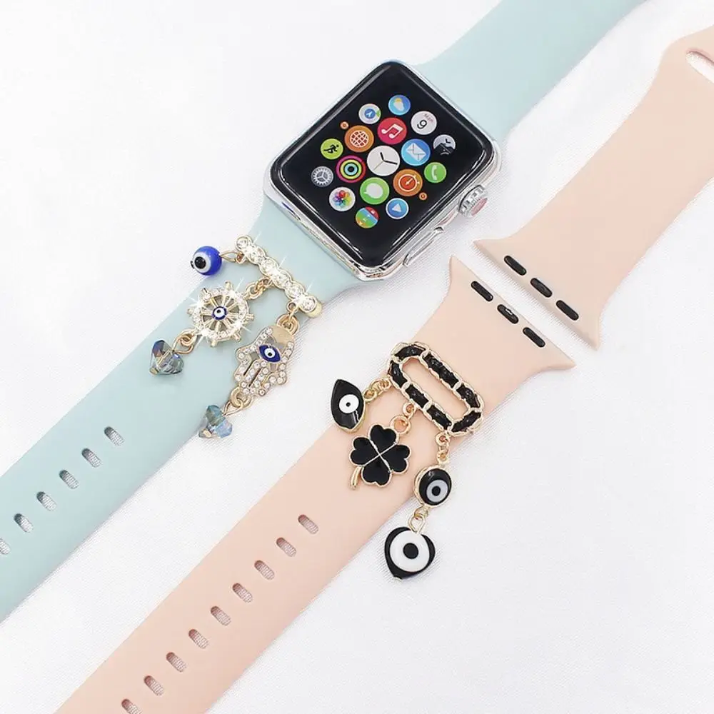 1PC Fashion Metal Charms Chain Diamond Decorative Ring Creative Smart Watch Silicone Strap Accessories for Apple Watch Band