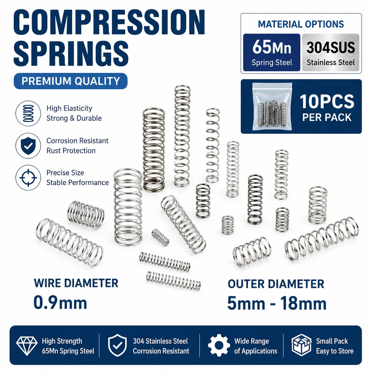 

High-Quality Compression Springs 304SUS & 65MN Steel, 0.9mm Wire Diameter, 5-18mm OD, 10-50mm Length for Industrial & DIY