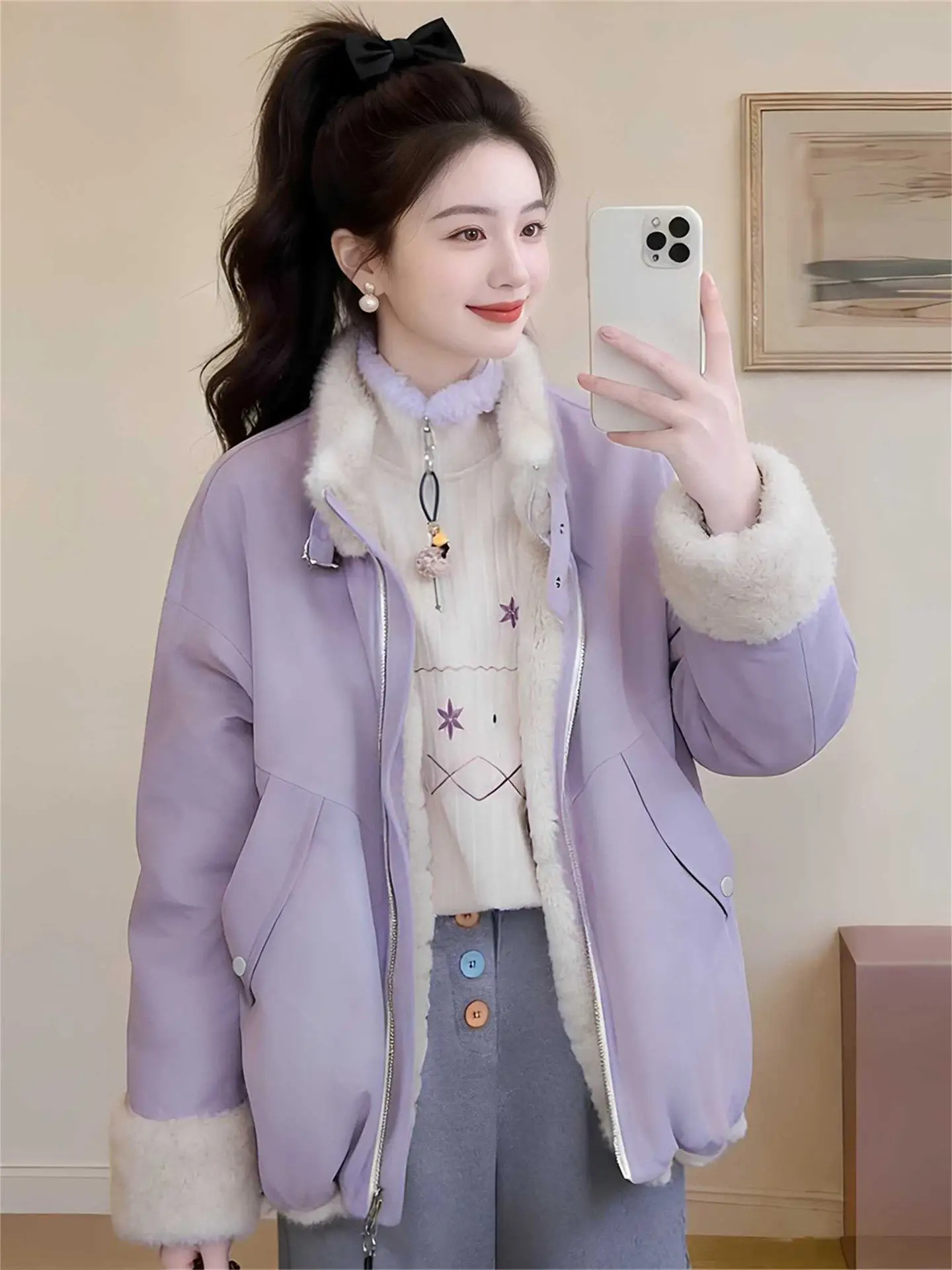 

Faionable Commuter Casual Sle Double-Sided Wear ort Jaet Women's Spring Trendy Long Sve Stand Collar Zipper Coat