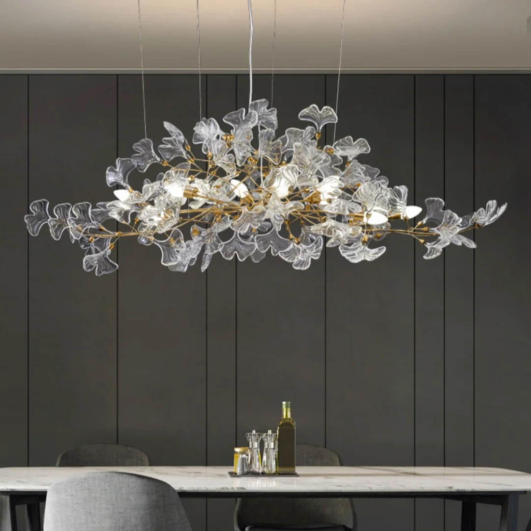 

Glass Ginkgo Leaf Chandeliers with Gold Branch Shaped Frame for Dining Room Bedroom Leaf Ceiling Pendant Lights for Living Room