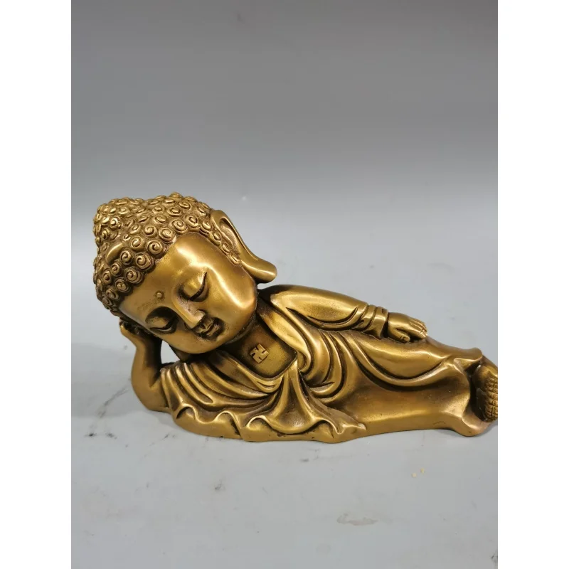 Antique Collectible Brass Side Sleeping Buddha Full-Body Statue Buddhist Temple Craft Gift Ornament