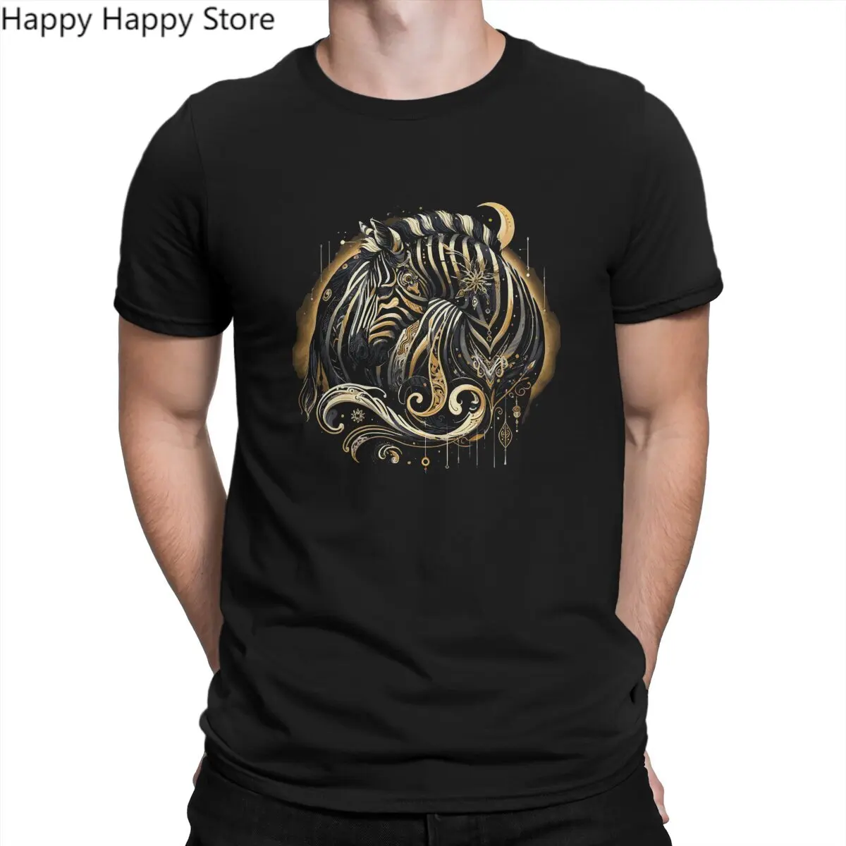 Zebra Animal Newest TShirt for Men Golden  Portrait  A Tapestry Of Celestial Wonder Round Neck Polyester T Shirt