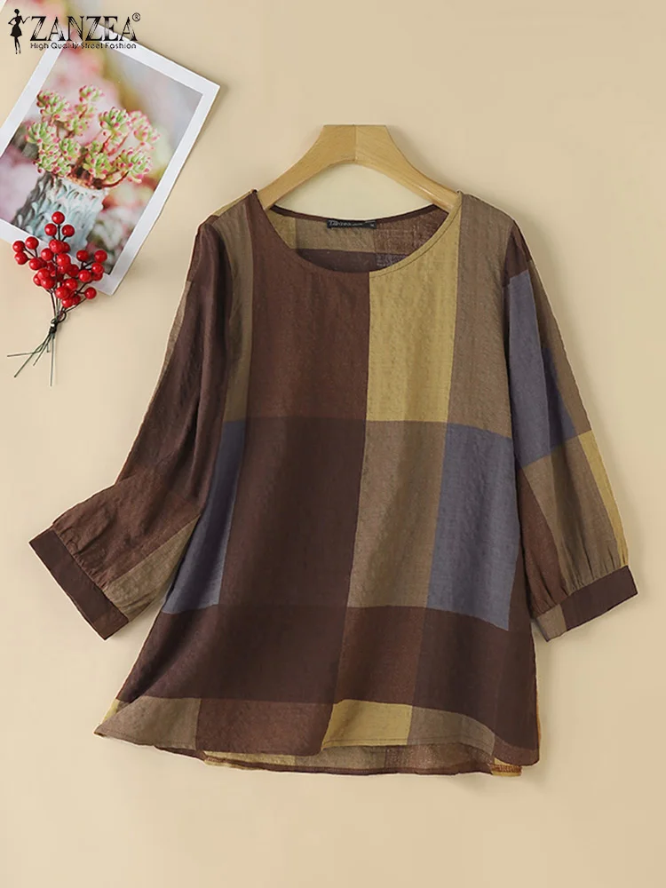 ZANZEA Damen-Vintage-Hemd, 2025, Herbst, lässig, locker, kariert, kariert, Tops, elegante Rundhals-Tunika, 3/4-Puffärmel, Retro-Bluse, Blusa