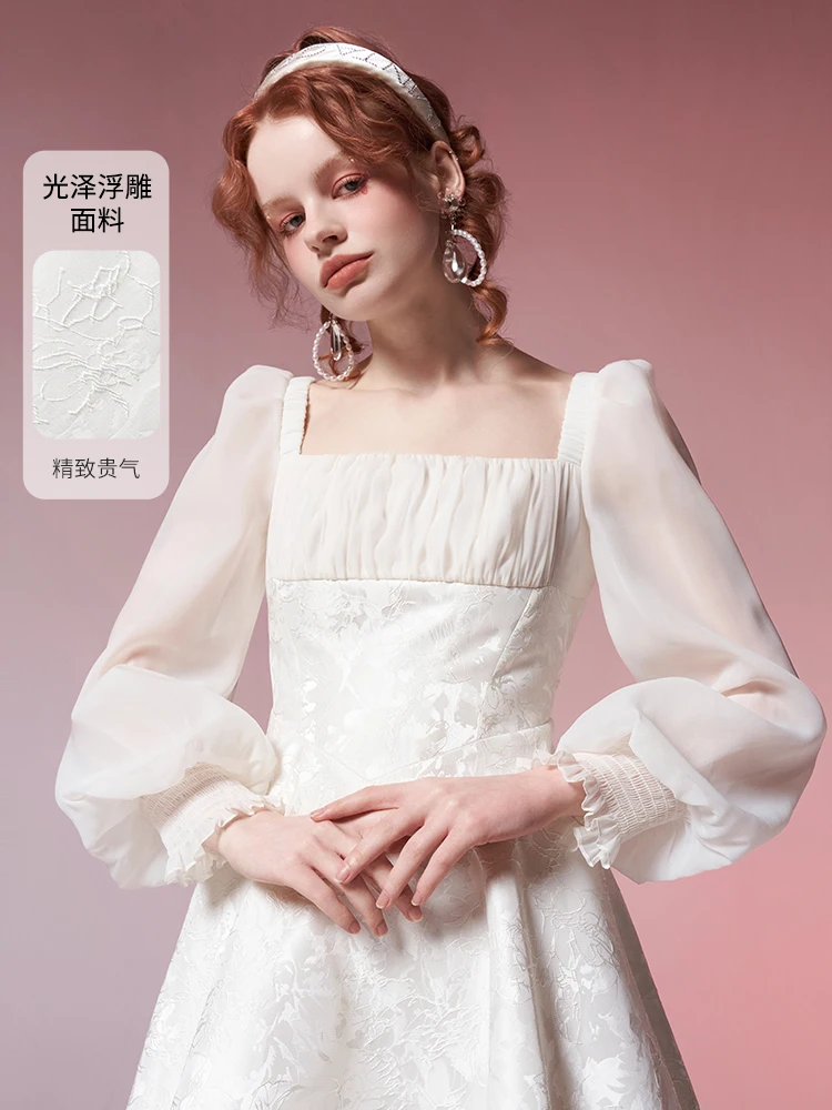 French Retro Embossed Jacquard Square Collar Chiffon Stitching Long Sleeve High Waist Slim Fit A-line Short White Dress Women