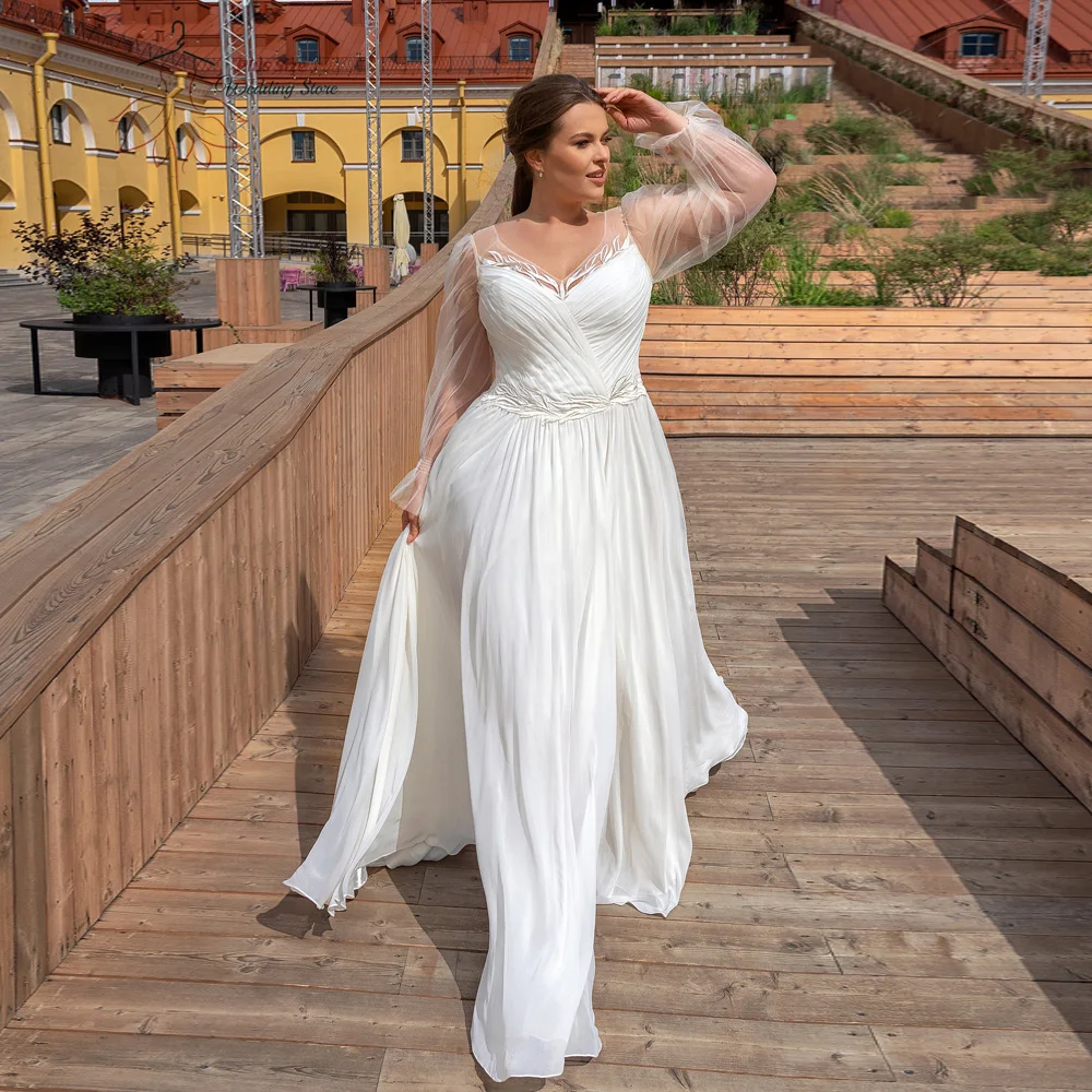 

Elegant Chiffon Wedding Dresses Plus Size V Neck Long Sleeves Bride Gowns Appliques A-Line Floor Length High Slit Robe De Mariee