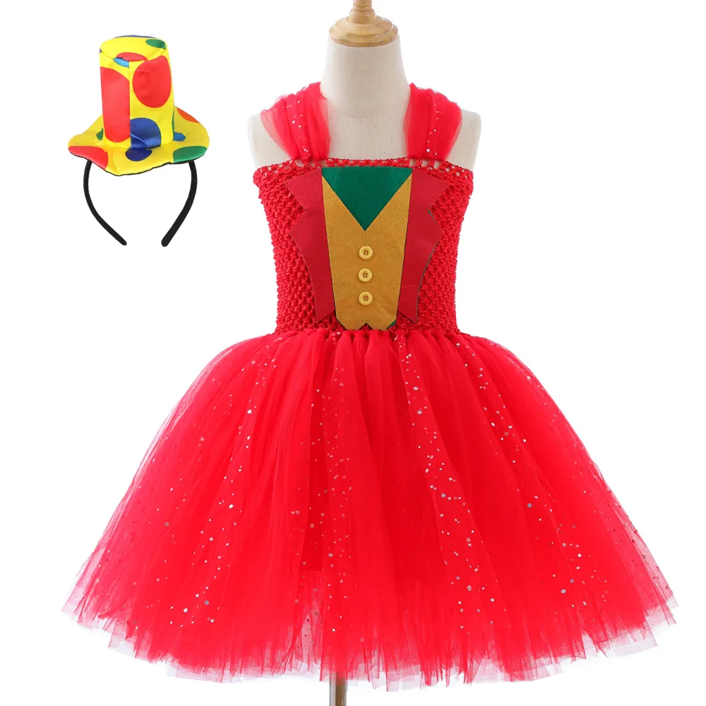 Children Red Sparkly Halloween Circus Clown Role Play Tutu Skirt With Colorful Headband Outfit For Girls Stage Performance Wear