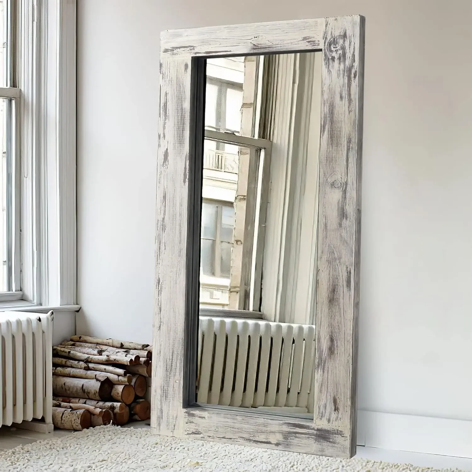 Floor Mirror Full Length, 71x32in Rustic Wood Frame Full Body Dressing Mirror, Wall-Mounted or Leaning Against Wall Standing