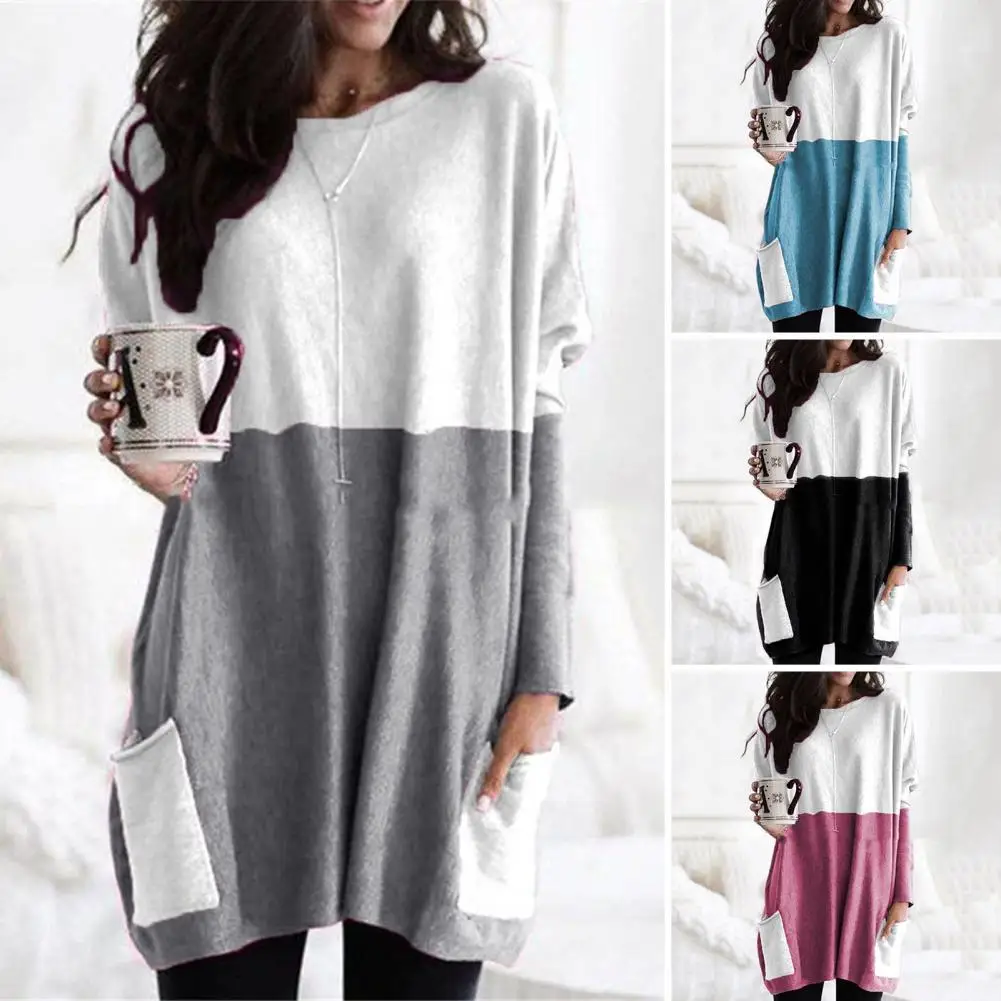 Loose Fit Women Blouse Color Block Long Sleeve Pullover Tops with Pockets for Women Loose Fit Mid-length Shirt for Daily Wear